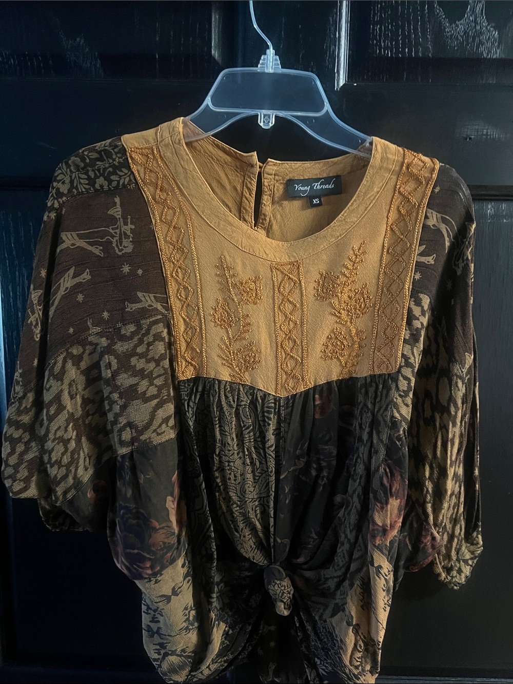 Young threads tWomen's Mustard & Black Embroidered Boho Top